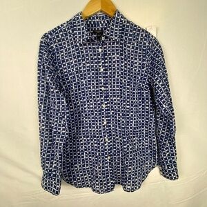 Talbots Sz‎ 10P long sleeve button up shirt cotton blue white geometric print